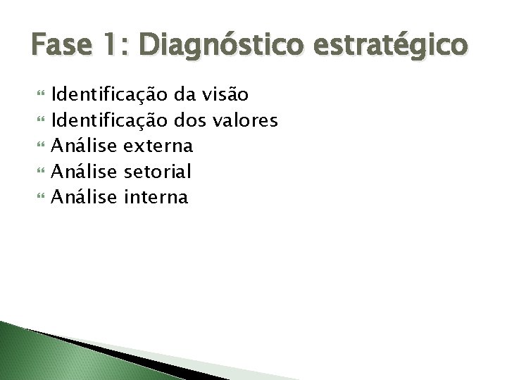 Fase 1: Diagnóstico estratégico Identificação da visão Identificação dos valores Análise externa Análise setorial