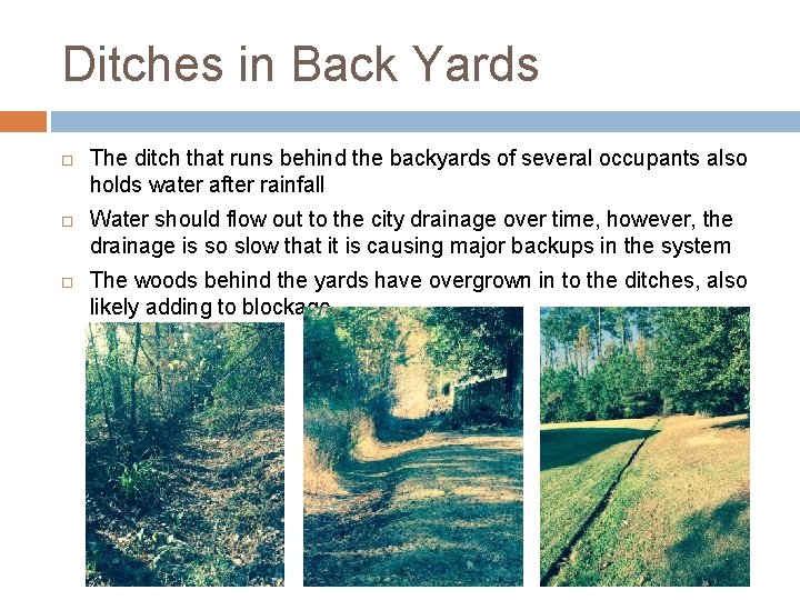 Ditches in Back Yards The ditch that runs behind the backyards of several occupants