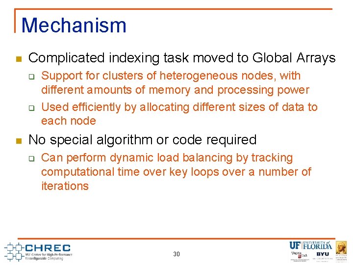 Mechanism n Complicated indexing task moved to Global Arrays q q n Support for Mechanism n Complicated indexing task moved to Global Arrays q q n Support for