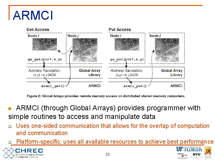 ARMCI (through Global Arrays) provides programmer with simple routines to access and manipulate data ARMCI (through Global Arrays) provides programmer with simple routines to access and manipulate data