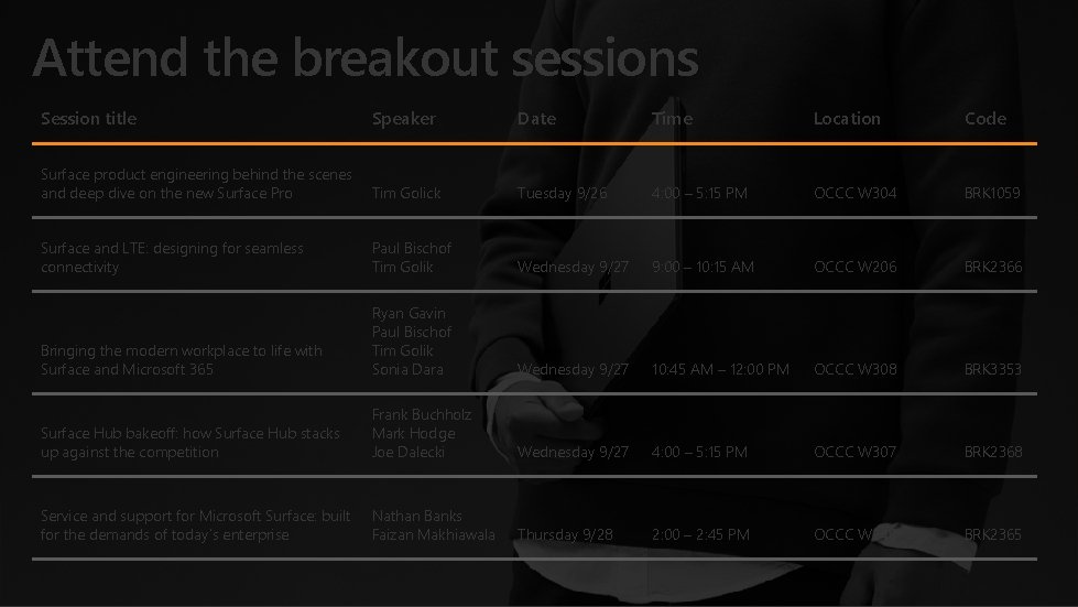 Attend the breakout sessions Session title Speaker Date Time Location Code Surface product engineering