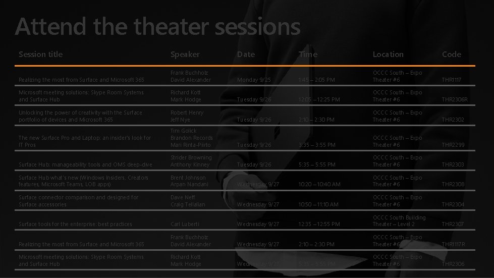 Attend theater sessions Session title Speaker Realizing the most from Surface and Microsoft 365