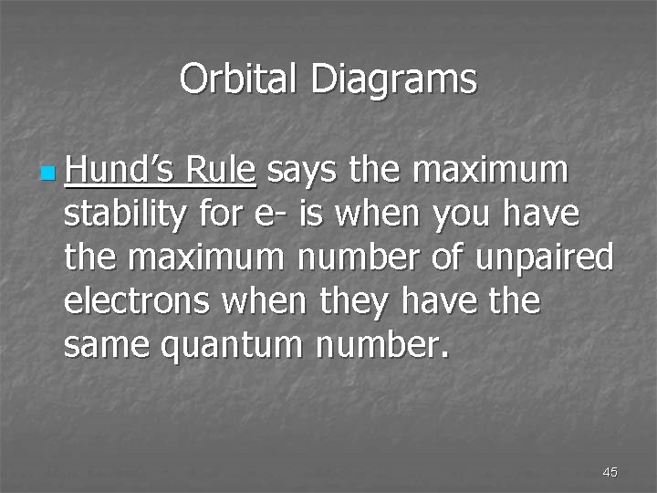 Orbital Diagrams n Hund’s Rule says the maximum stability for e- is when you