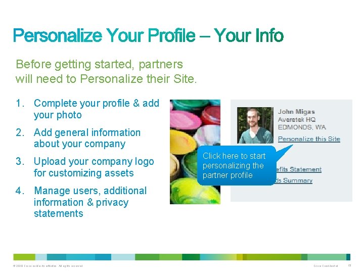 Before getting started, partners will need to Personalize their Site. 1. Complete your profile