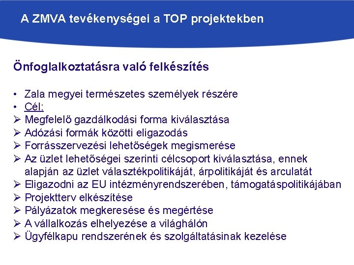 A ZMVA tevékenységei a TOP projektekben Önfoglalkoztatásra való felkészítés • Zala megyei természetes személyek