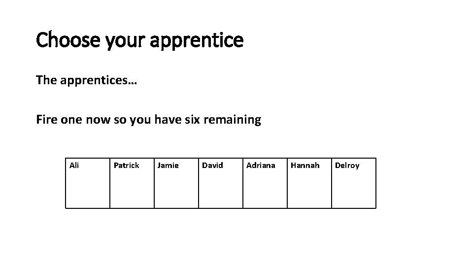 Choose your apprentice The apprentices… Fire one now so you have six remaining Ali Choose your apprentice The apprentices… Fire one now so you have six remaining Ali