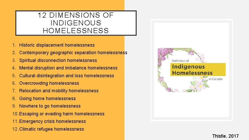 12 DIMENSIONS OF INDIGENOUS HOMELESSNESS 1. Historic displacement homelessness 2. Contemporary geographic separation homelessness