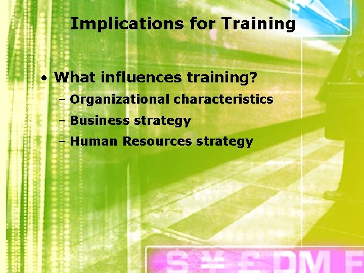 Implications for Training • What influences training? – Organizational characteristics – Business strategy –