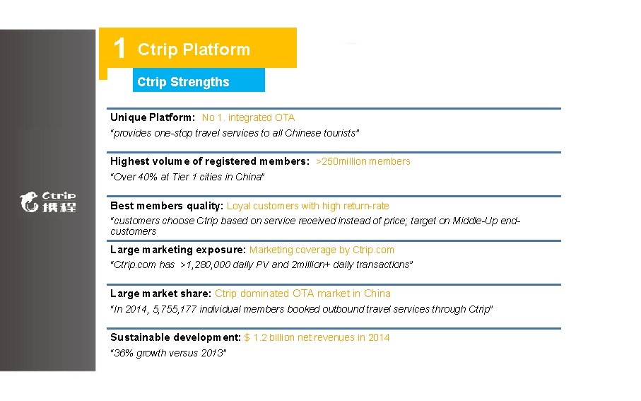 1 Ctrip Platform Ctrip Strengths Unique Platform: No 1. integrated OTA “provides one-stop travel