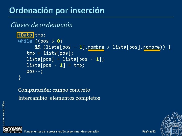 Ordenación por inserción Claves de ordenación Luis Hernández Yáñez t. Dato tmp; while ((pos