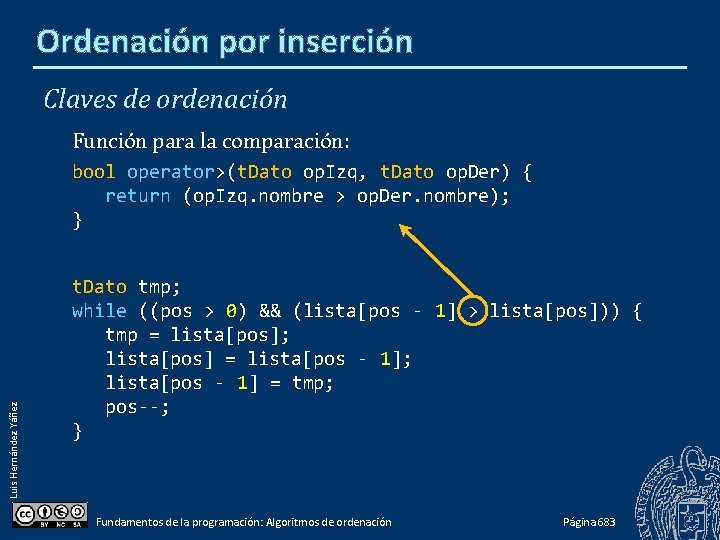 Ordenación por inserción Claves de ordenación Función para la comparación: Luis Hernández Yáñez bool
