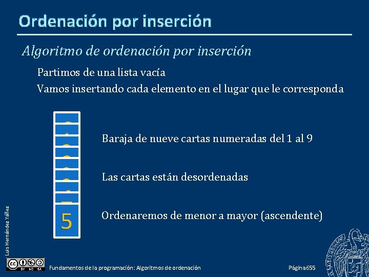 Ordenación por inserción Algoritmo de ordenación por inserción Luis Hernández Yáñez Partimos de una