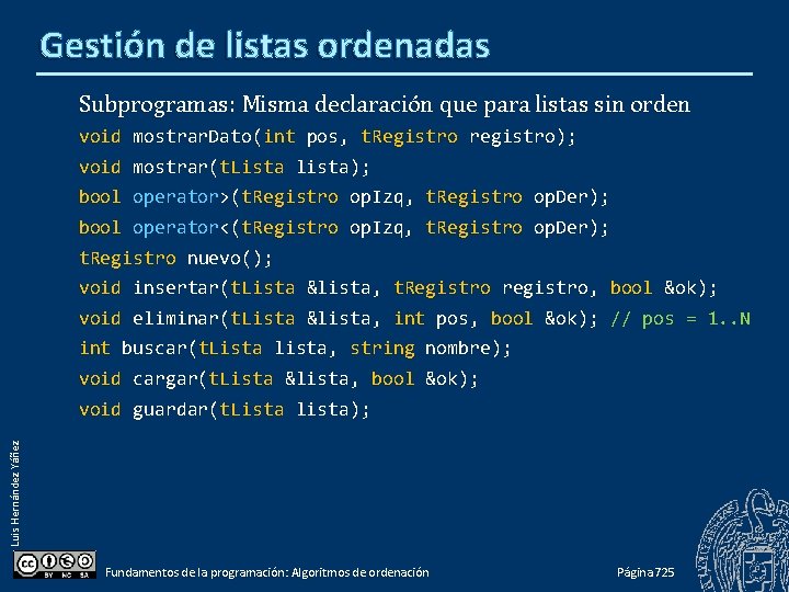 Gestión de listas ordenadas Subprogramas: Misma declaración que para listas sin orden void mostrar.