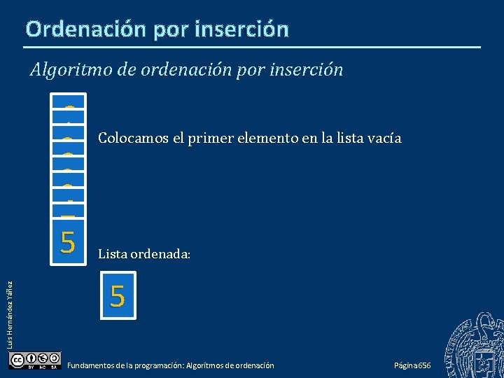 Ordenación por inserción Algoritmo de ordenación por inserción Luis Hernández Yáñez 6 13 82