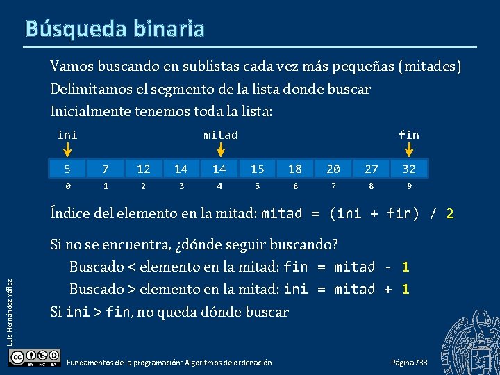 Búsqueda binaria Vamos buscando en sublistas cada vez más pequeñas (mitades) Delimitamos el segmento