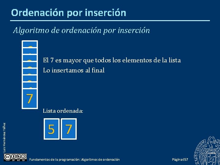 Ordenación por inserción Algoritmo de ordenación por inserción Luis Hernández Yáñez 6 13 82