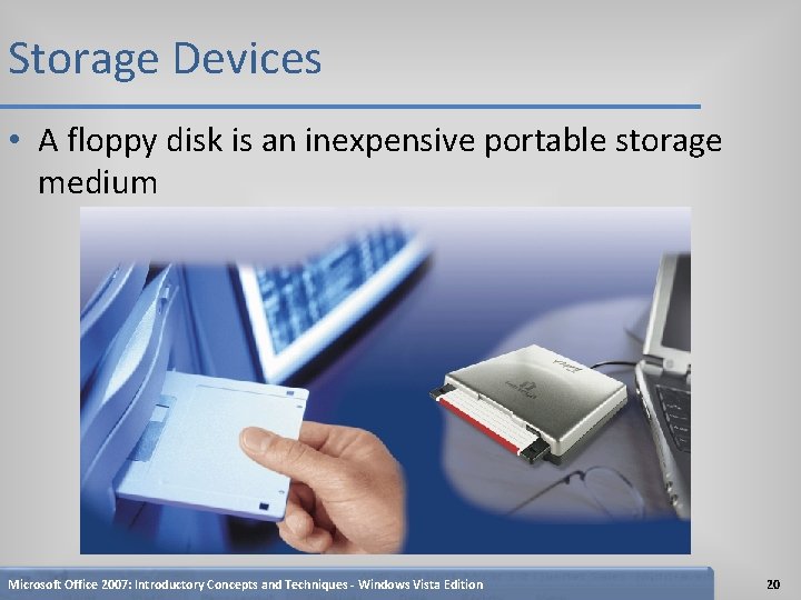 Storage Devices • A floppy disk is an inexpensive portable storage medium Microsoft Office