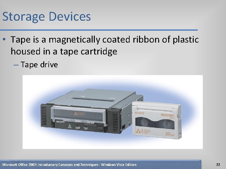 Storage Devices • Tape is a magnetically coated ribbon of plastic housed in a