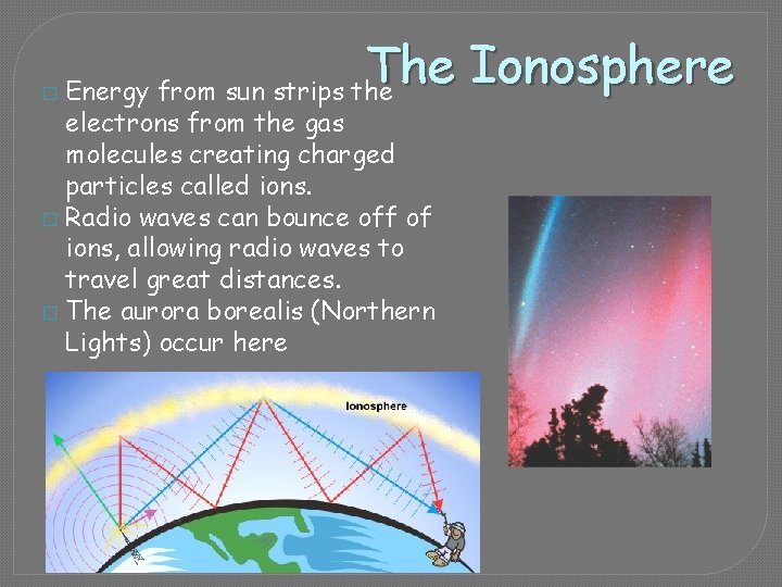 � The Ionosphere Energy from sun strips the electrons from the gas molecules creating