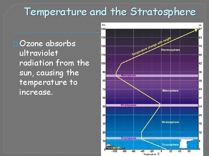 Temperature and the Stratosphere � Ozone absorbs ultraviolet radiation from the sun, causing the