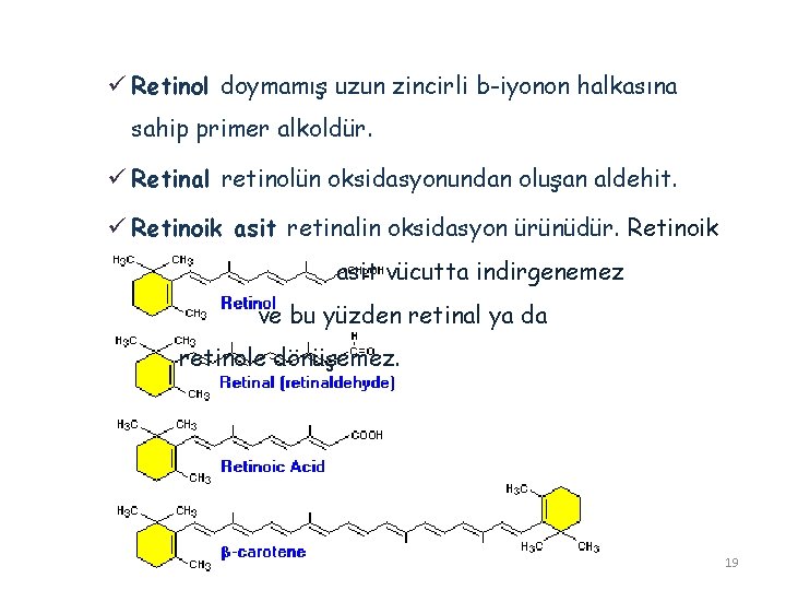 ü Retinol doymamış uzun zincirli b-iyonon halkasına sahip primer alkoldür. ü Retinal retinolün oksidasyonundan