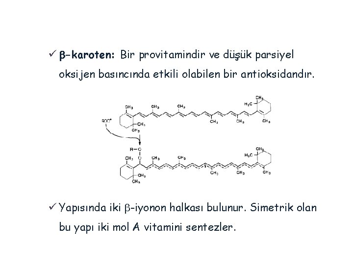 ü -karoten: Bir provitamindir ve düşük parsiyel oksijen basıncında etkili olabilen bir antioksidandır. ü