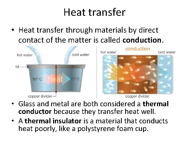 Heat transfer • Heat transfer through materials by direct contact of the matter is