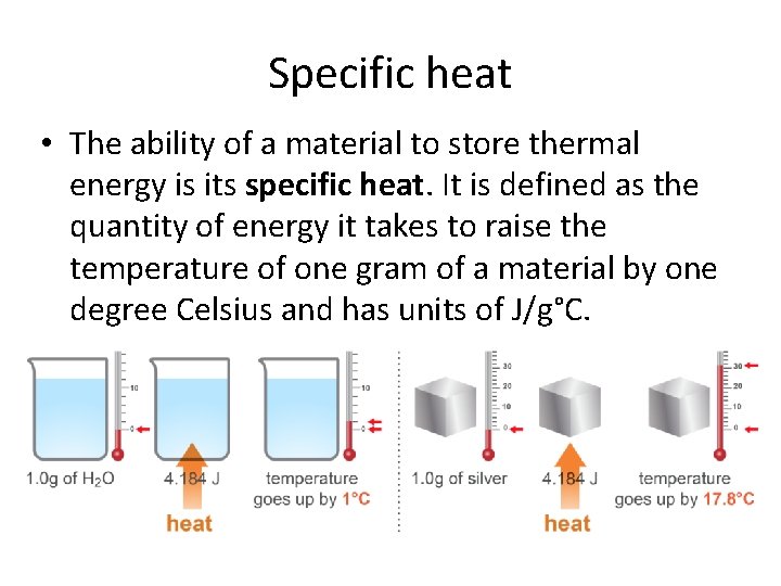 Specific heat • The ability of a material to store thermal energy is its