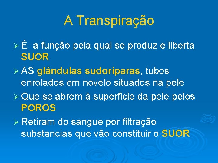 A Transpiração ØÈ a função pela qual se produz e liberta SUOR Ø AS