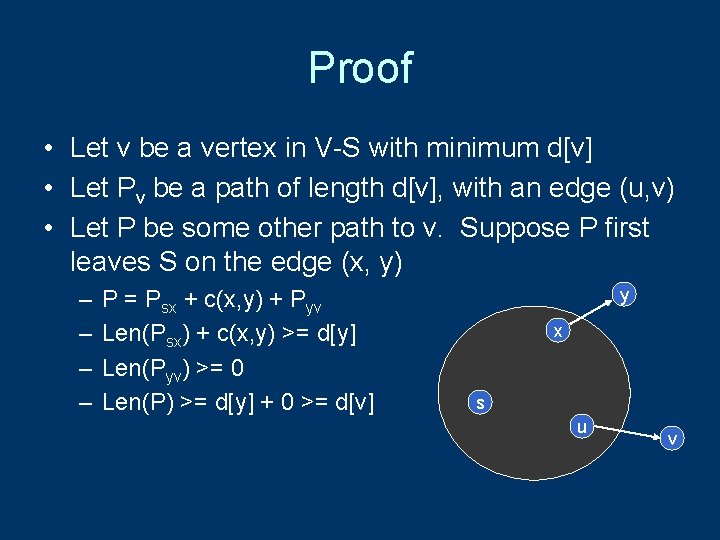 Proof • Let v be a vertex in V-S with minimum d[v] • Let