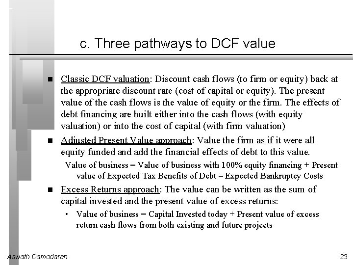 c. Three pathways to DCF value Classic DCF valuation: Discount cash flows (to firm