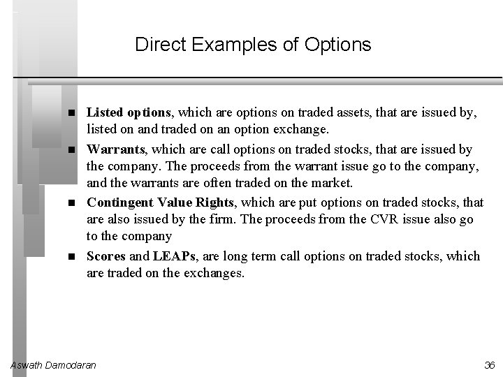 Direct Examples of Options Listed options, which are options on traded assets, that are