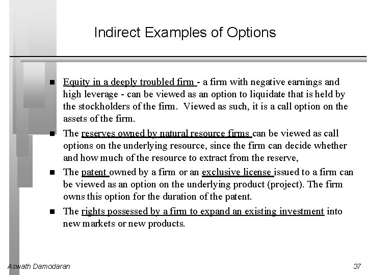 Indirect Examples of Options Equity in a deeply troubled firm - a firm with
