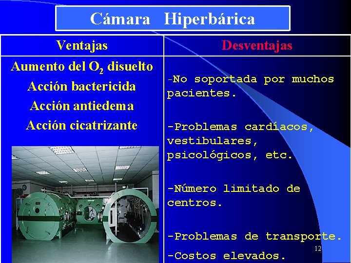 Cámara Hiperbárica Ventajas Aumento del O 2 disuelto Acción bactericida Acción antiedema Acción cicatrizante