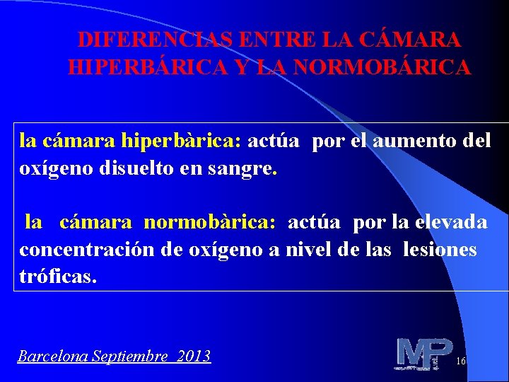 DIFERENCIAS ENTRE LA CÁMARA HIPERBÁRICA Y LA NORMOBÁRICA la cámara hiperbàrica: actúa por el