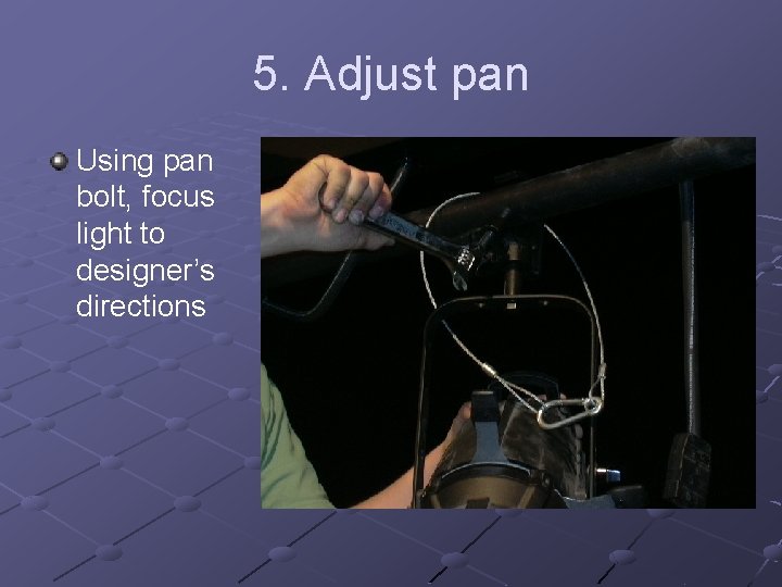 5. Adjust pan Using pan bolt, focus light to designer’s directions 