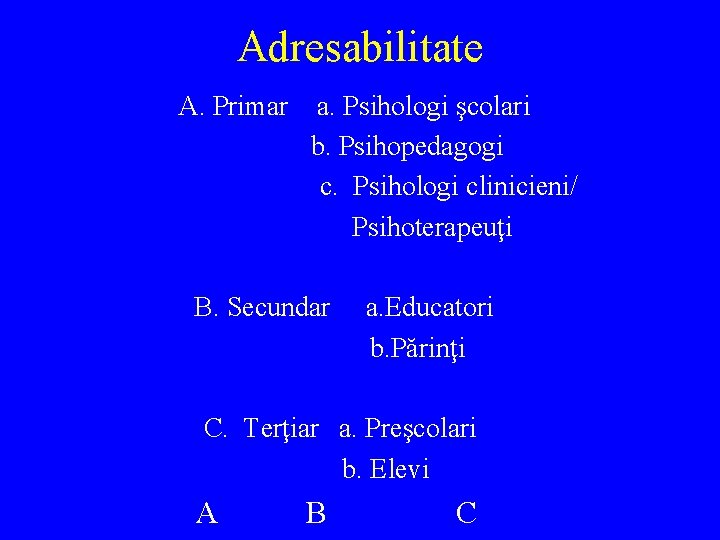 Adresabilitate A. Primar a. Psihologi şcolari b. Psihopedagogi c. Psihologi clinicieni/ Psihoterapeuţi B. Secundar