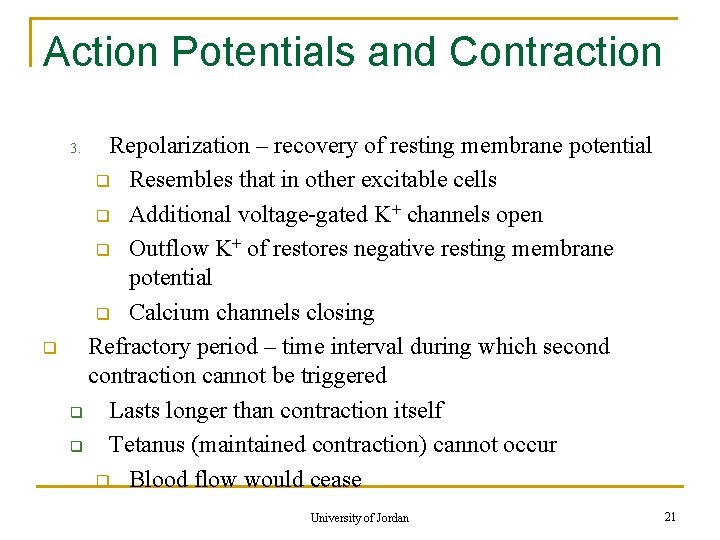 Action Potentials and Contraction Repolarization – recovery of resting membrane potential q Resembles that