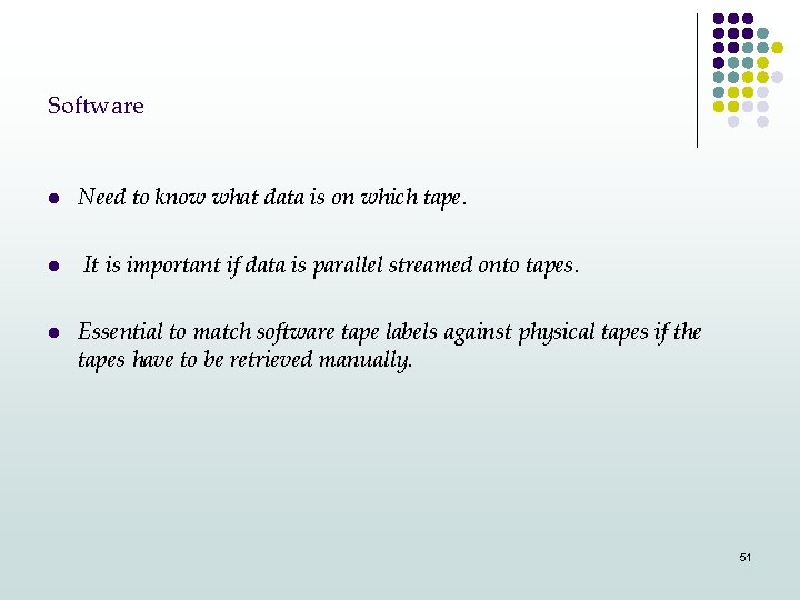 Software l l l Need to know what data is on which tape. It