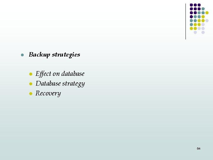 l Backup strategies l l l Effect on database Database strategy Recovery 54 