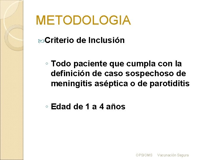 METODOLOGIA Criterio de Inclusión ◦ Todo paciente que cumpla con la definición de caso