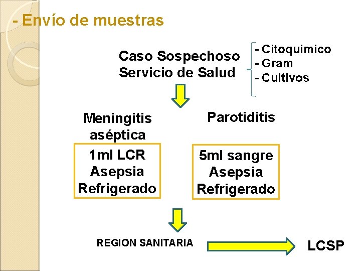 - Envío de muestras Caso Sospechoso Servicio de Salud Meningitis aséptica 1 ml LCR