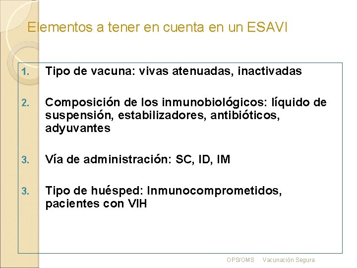 Elementos a tener en cuenta en un ESAVI 1. Tipo de vacuna: vivas atenuadas,