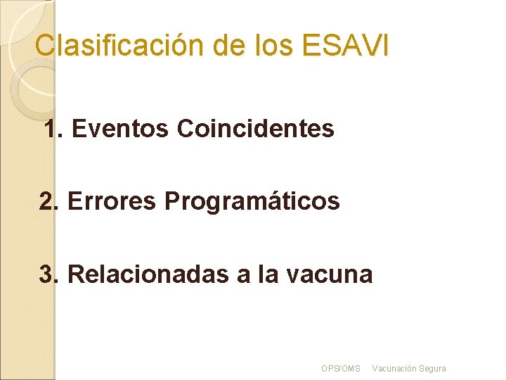 Clasificación de los ESAVI 1. Eventos Coincidentes 2. Errores Programáticos 3. Relacionadas a la