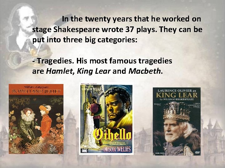 In the twenty years that he worked on stage Shakespeare wrote 37 plays. They