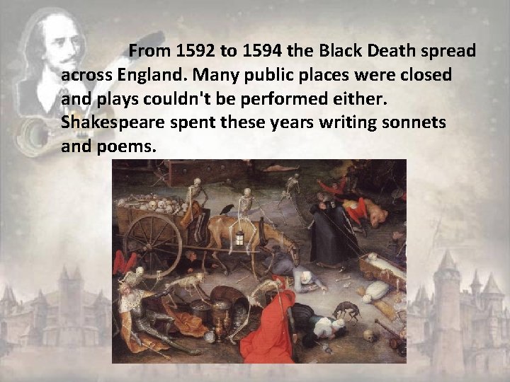 From 1592 to 1594 the Black Death spread across England. Many public places were