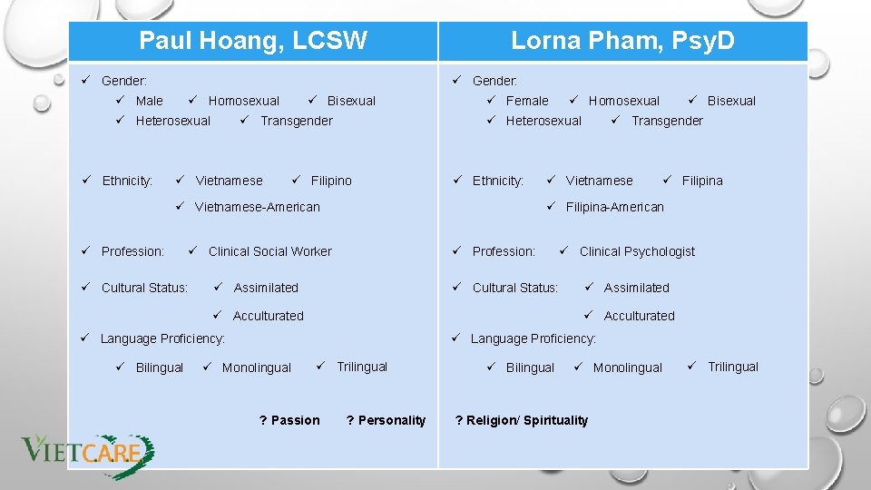 Paul Hoang, LCSW ü Gender: ü Male ü Homosexual ü Heterosexual ü Ethnicity: Lorna