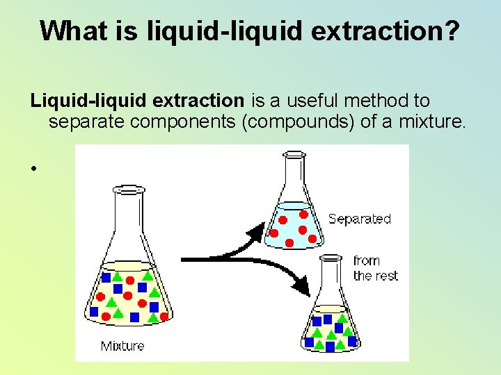 What is liquid-liquid extraction? Liquid-liquid extraction is a useful method to separate components (compounds)