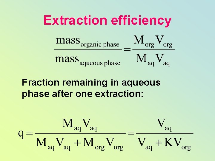 Extraction efficiency Fraction remaining in aqueous phase after one extraction: 