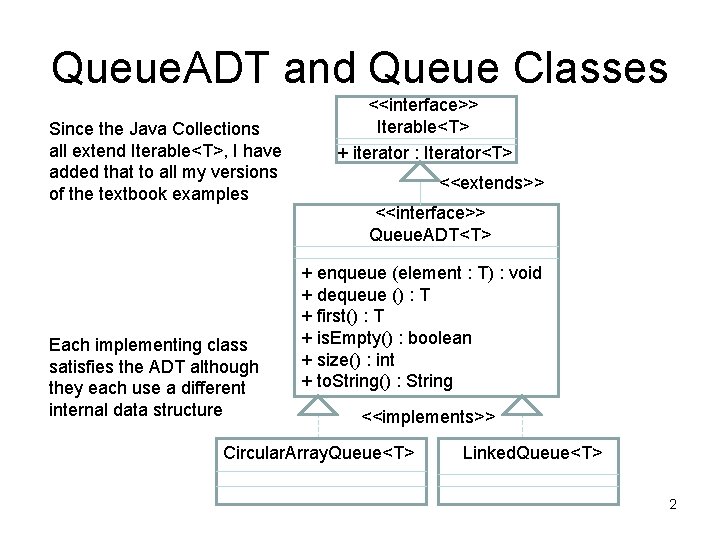 Queue. ADT and Queue Classes Since the Java Collections all extend Iterable<T>, I have